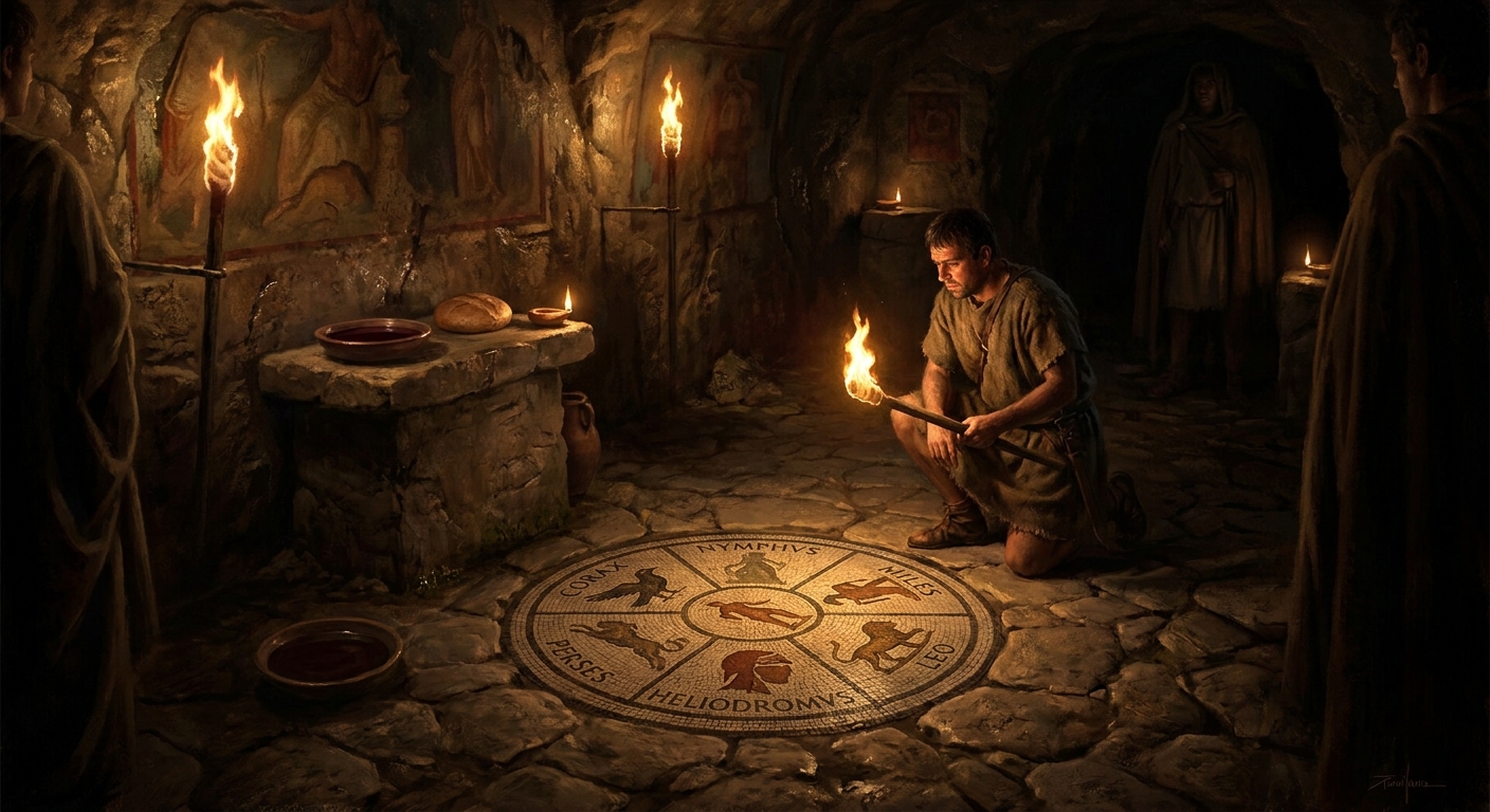 A Roman soldier on his knees in the dark, the seven grades — Raven, Bridegroom, Soldier, Lion, Persian, Sun-Runner, Father — marked on the floor in mosaic.