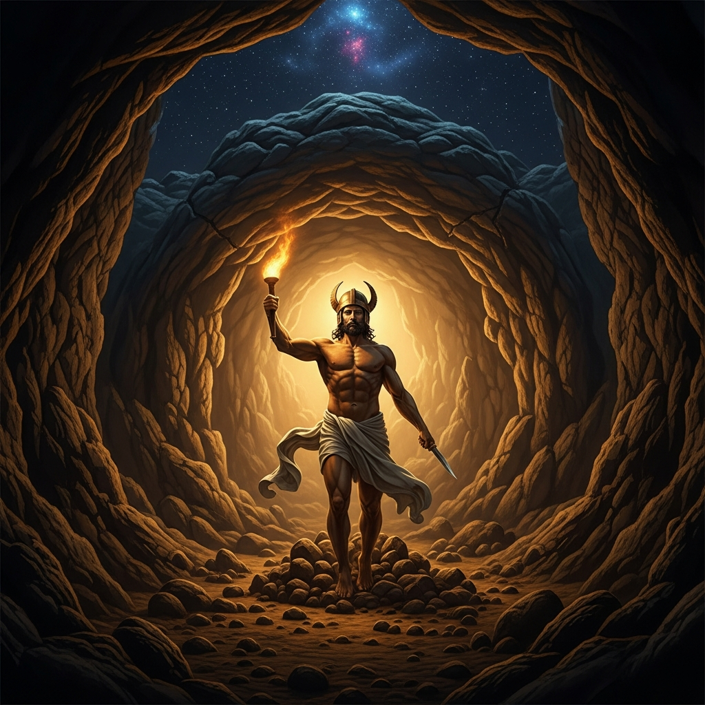 Mithras born from living rock at the dawn of time, emerging from the stone of a cave already fully formed, torch in one hand and knife in the other, the vault of a cave above him painted with stars, no light yet in the world except his own.