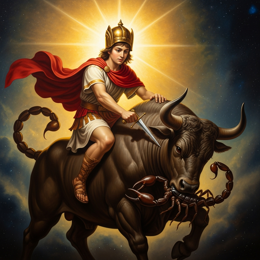 Mithras on the back of the cosmic bull, his knee on its spine, his right hand driving the sacred knife into the base of its neck — a scorpion gripping the bull's testicles, a dog and serpent leaping toward the flowing wound, a raven watching from the bull's shoulder.