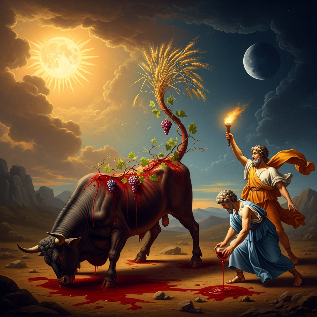 From the dying bull: wheat springing from its tail, a grapevine from its spine, its blood becoming the red earth and the wine that will sustain all future life — Cautes raising his torch and Cautopates lowering his, the sun and moon witnessing from opposite sides of the sky.