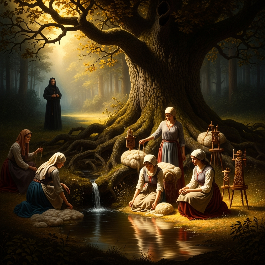 Village women at the forest spring in the 11th century, leaving bundles of wool and carved spindles in the roots of the oak — the priest watching from the treeline, unable to cross