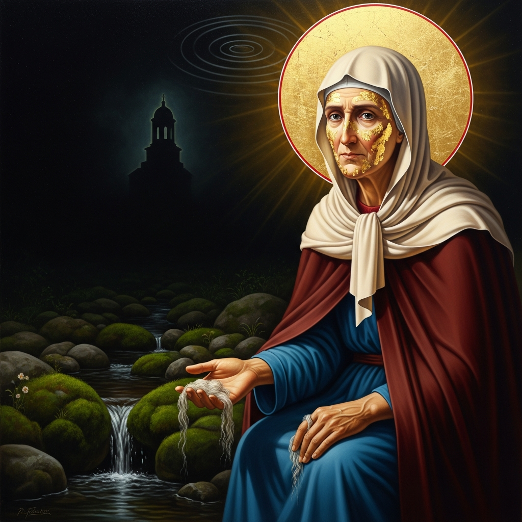 The icon of Saint Paraskeva Friday beside the spring — her face ancient under the gold leaf, her hand open in the gesture of Mokosh receiving wool, the church bell audible in the middle distance