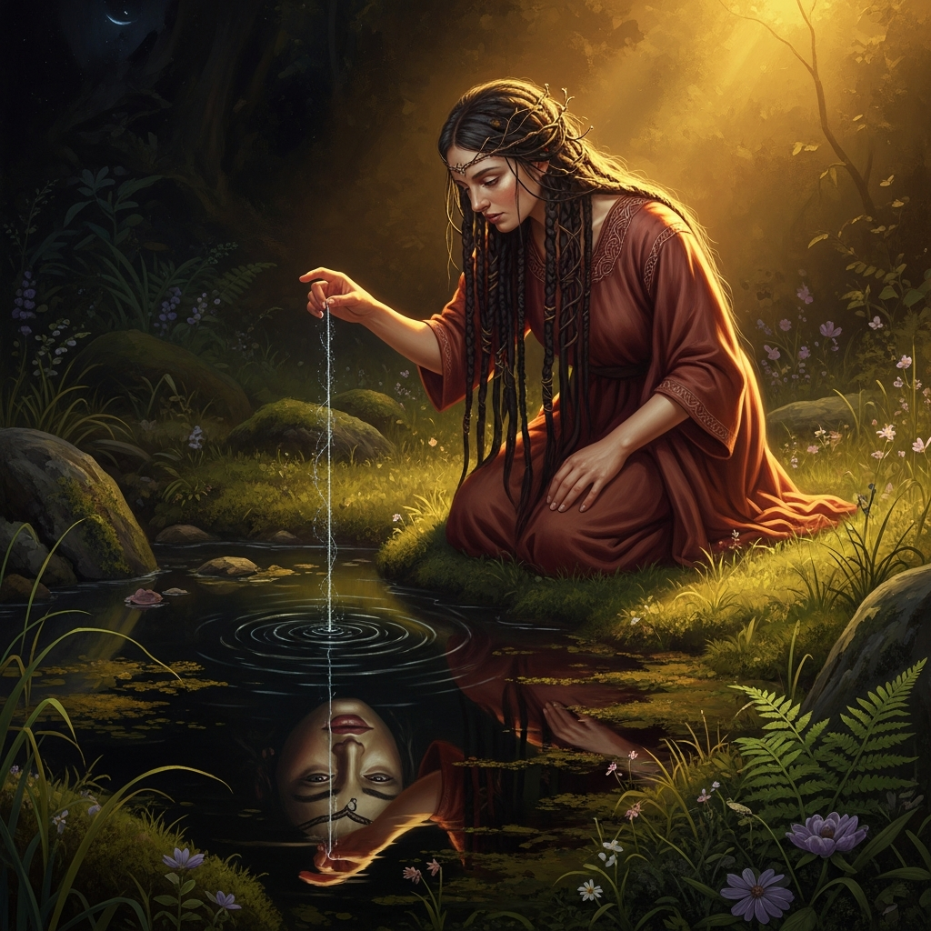 Mokosh at the spring before dawn — braided hair loose, fingers pulling the thread of a fate, the dark water reflecting a face that is neither young nor old but wet with everything that grows
