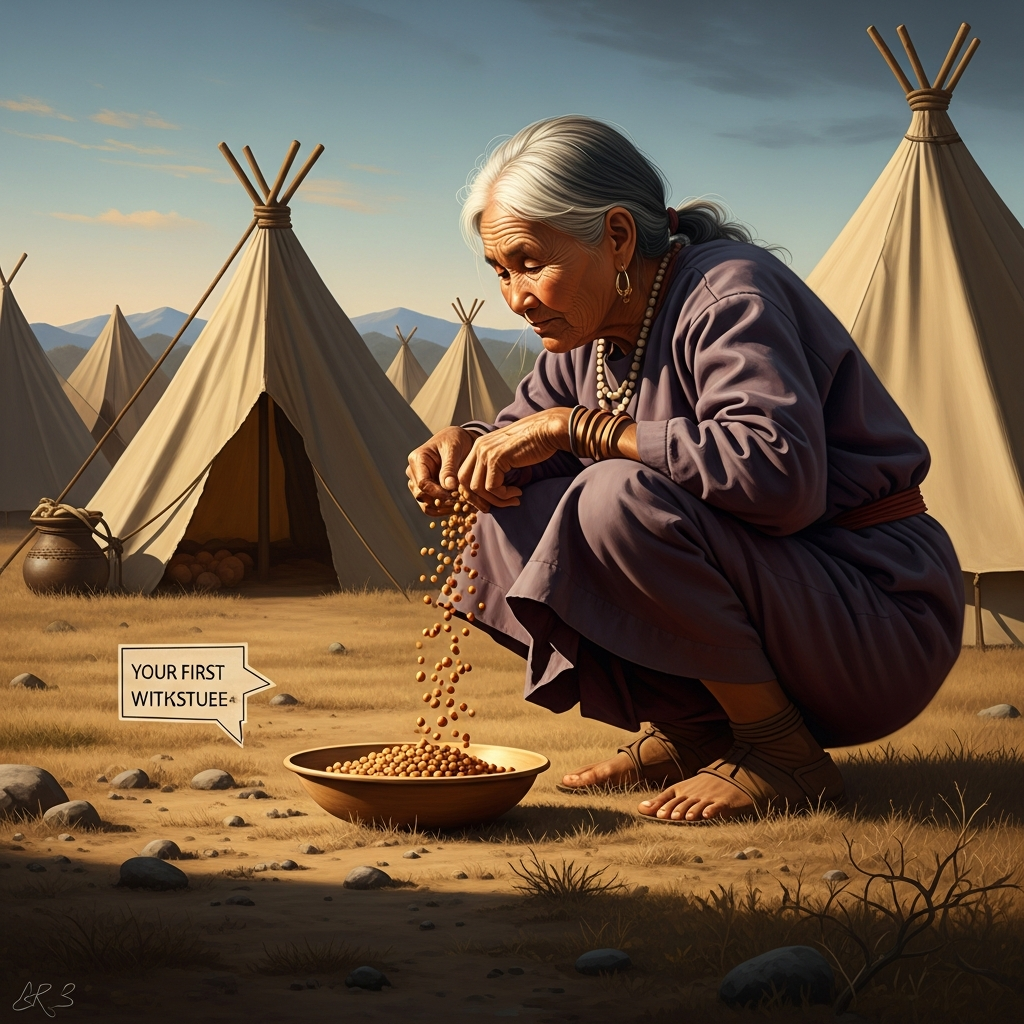 The grandmother crouches at the edge of the encampment in the early morning and tips the first portion of the day's meal onto the dry ground. She speaks quietly, her lips barely moving, the words directed downward. The earth receives without visible acknowledgment.
