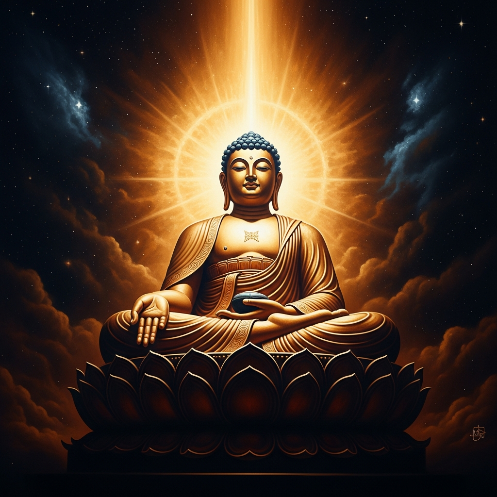 The Buddha's open palm, vast as a continent, the five pillars at its edge in the far distance. Sun Wukong, tiny as a flea, reaches the pillars and writes his name on the largest one. The palm closes slowly.