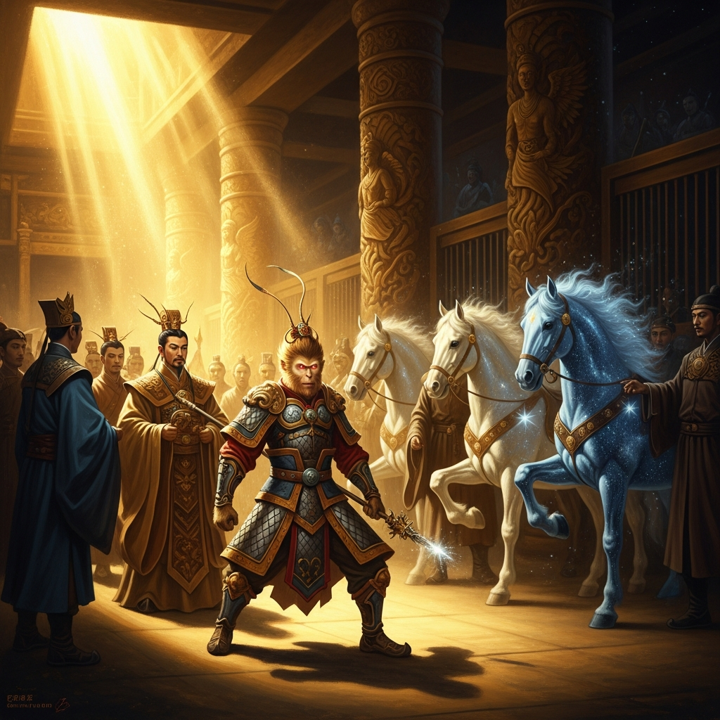Sun Wukong in the divine stables of heaven, surrounded by the Jade Emperor's horses. He has just discovered that Keeper of the Horses is an unglorified stable-hand job. His expression is the specific expression of someone who has been deceived by a job title.