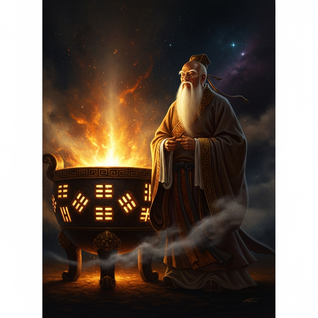 The Bagua Furnace at Laozi's Tushita Palace, flames in all eight trigram chambers. Sun Wukong stands inside it, eyes shut against the smoke, sheltering in the Wind corner where the fire cannot reach. Forty-nine days will pass before the lid is opened.