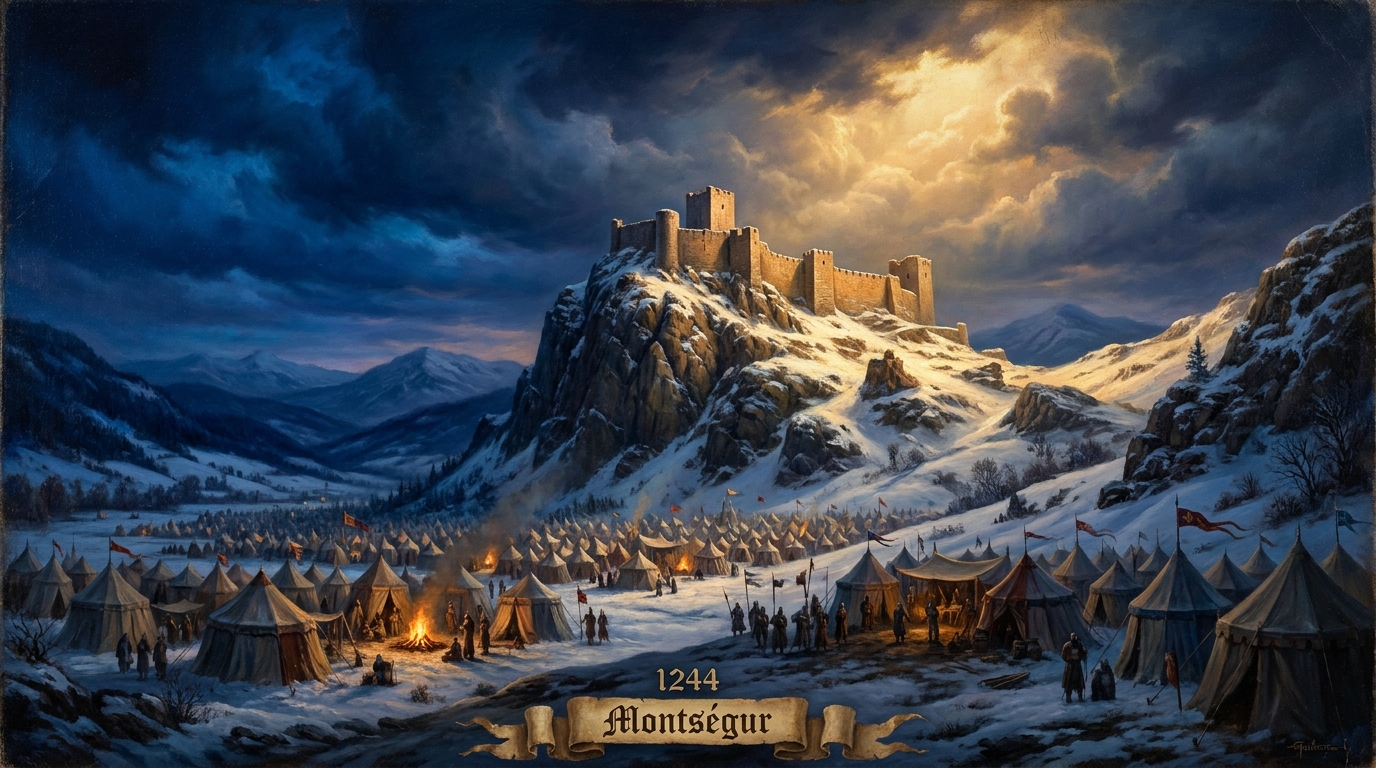 Montségur in the snow — a stone citadel on a 1,200-meter pog, besieged for nine months by ten thousand crusaders below.