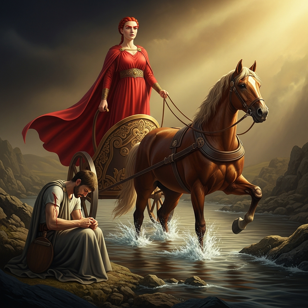 The Morrigan at the ford in her first form: a tall woman in a red dress with red eyebrows, driving a chariot with a one-legged chestnut horse, her cloak trailing in the current. Cu Chulainn does not look up from tending his wounds.