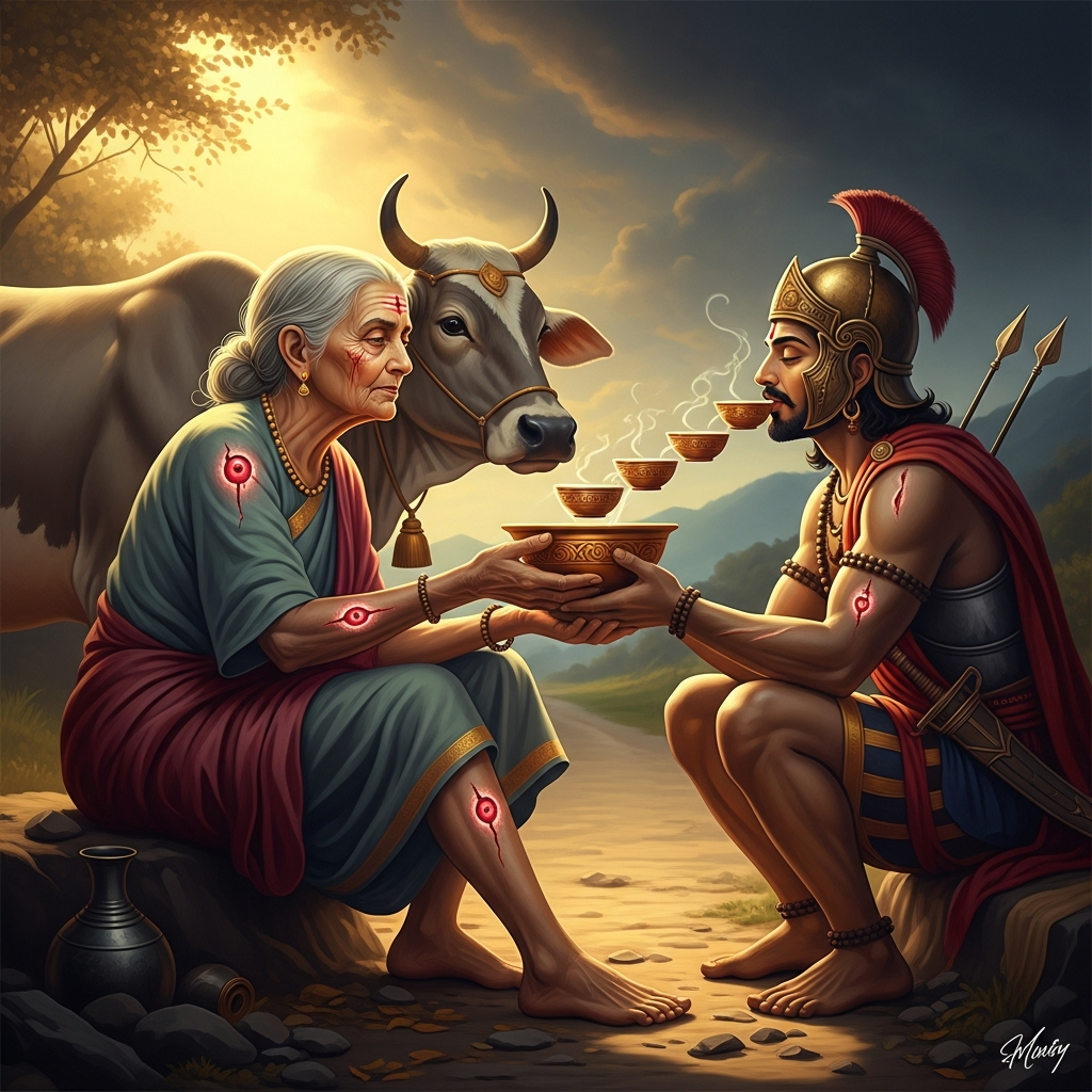 An old woman with three wounds — her eye, her shoulder, her leg — sitting beside a cow at the roadside, offering milk to a warrior who accepts it without looking at her face. With each swallow he blesses her. With each blessing a wound closes.