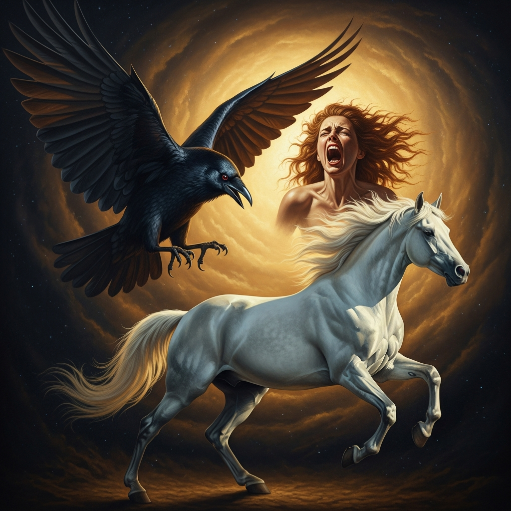Three forms in one — Badb the crow, Macha the white mare, Nemain the screaming panic of an army losing its order; one goddess seen at three angles of the same fact.