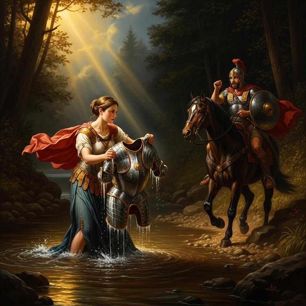 She washes armor in the ford before the battle — the warrior who rides past and recognizes his own gear in her hands is the warrior who will not come back from the day.