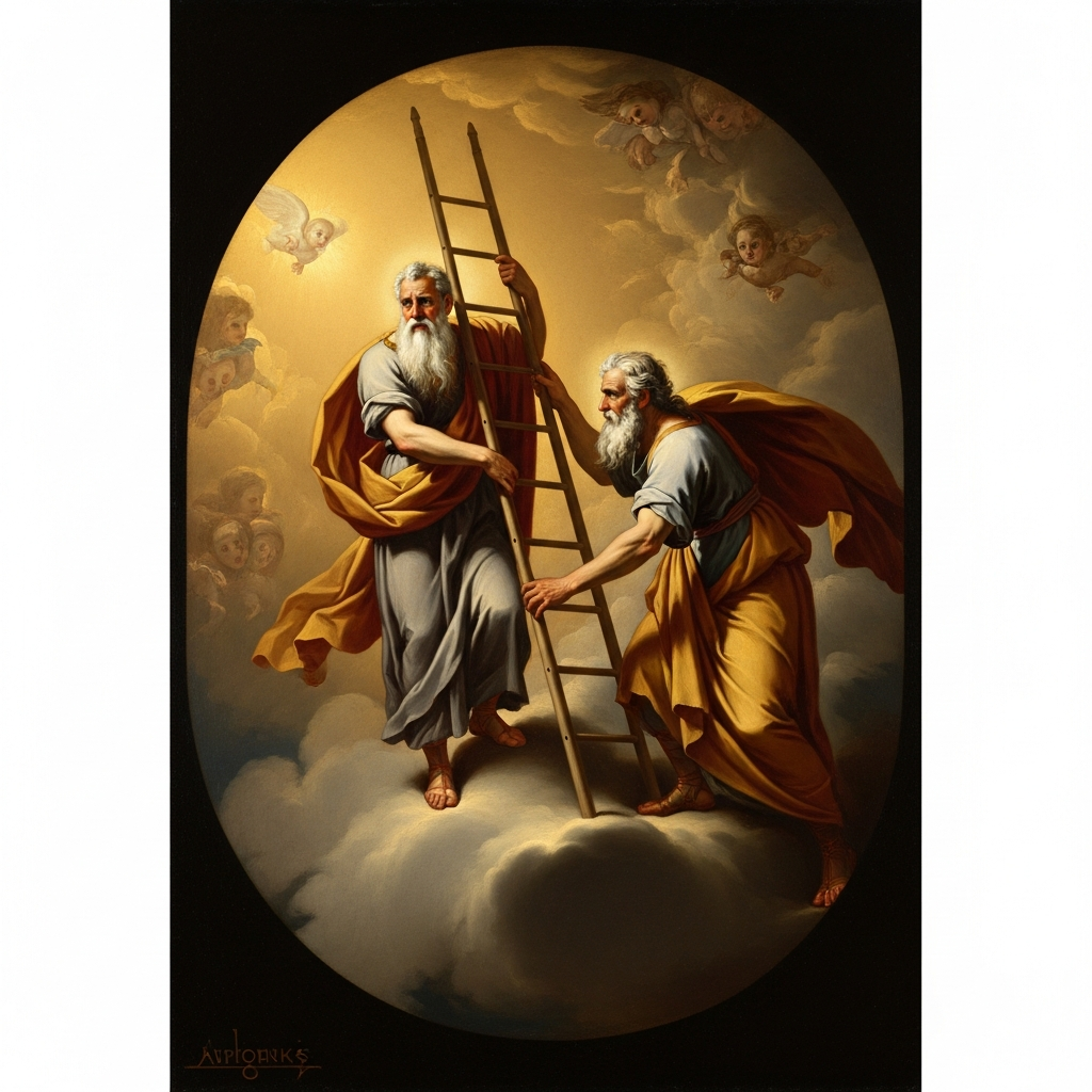 At the threshold of the sixth heaven, Moses with tear-streaked face sends the Prophet back up the ladder one more time, bargaining the daily prayers down from fifty toward five — the older prophet interceding for a community he has never met.
