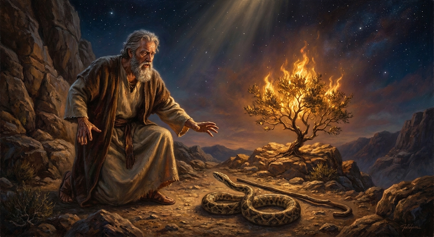 The staff flung to the dust becomes a serpent; Moses flees, then is commanded to take it by the tail — power only belongs to the man who grabs the dangerous end.