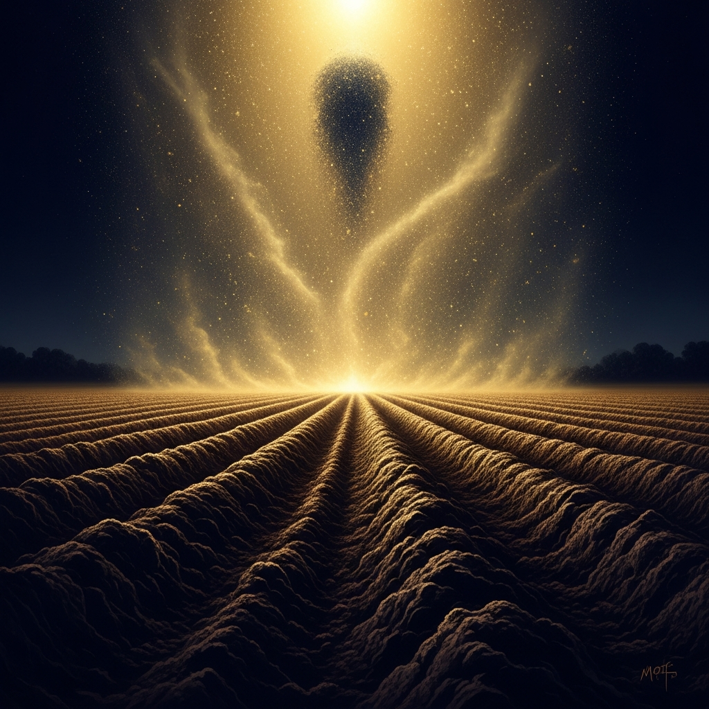 The scattered dust of Mot settling into the furrowed fields at sowing time — Death becoming the ground condition for what grows, the grinding and scattering completed, the earth ready to receive.