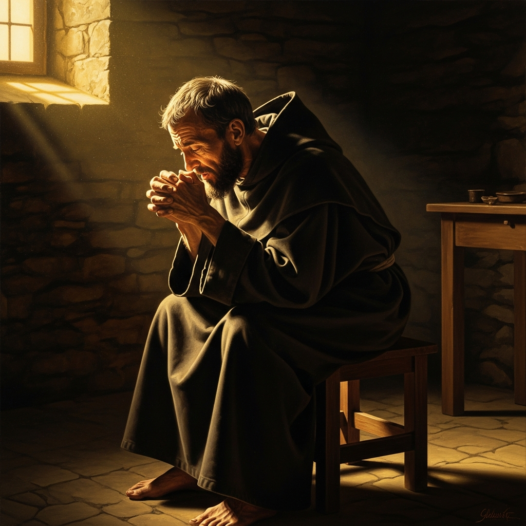 Mount Athos, ~1340 — a Hesychast monk in his cell, head bowed to his chest, lips moving over the Jesus Prayer; faint golden light beginning to outline his hands