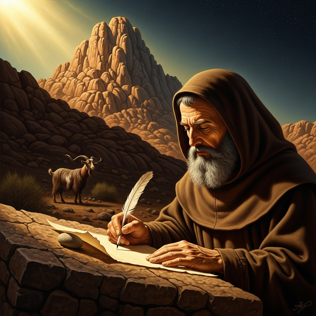 Mount Sinai, ~600 — John Climacus at a stone writing slope outside his cell, the granite peak of Sinai rising behind him, parchment held flat by a pebble, a single Bedouin goat in the middle distance