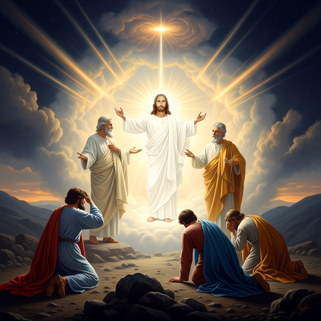 Mount Tabor, transfigured — Christ in white blazing light, Peter and James and John shielding their eyes, the uncreated energies pouring through the cloud