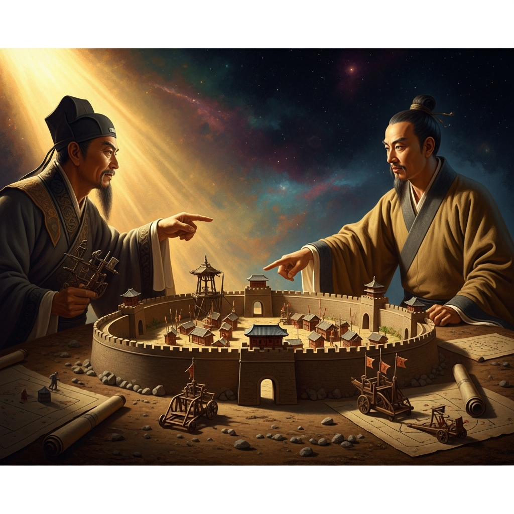Gongshu Ban and Mozi face each other across a makeshift model of a city wall — a war game whose outcome determines whether Chu attacks Song.