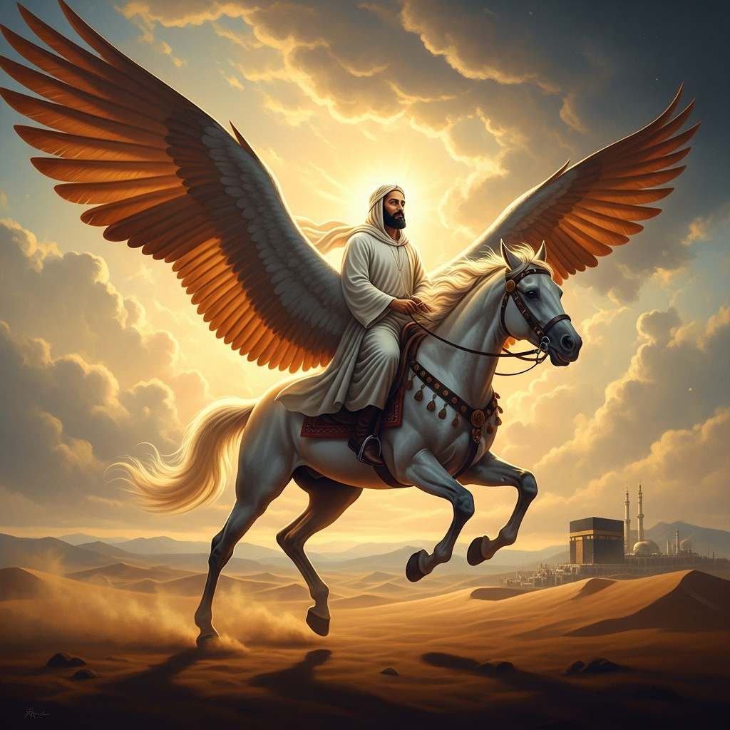 Wings folded against the desert sky, the Buraq carries the Prophet across the Hijaz at horizon-stride speed — each footfall landing at the edge of sight, the Holy City approaching before the mind has time to follow.