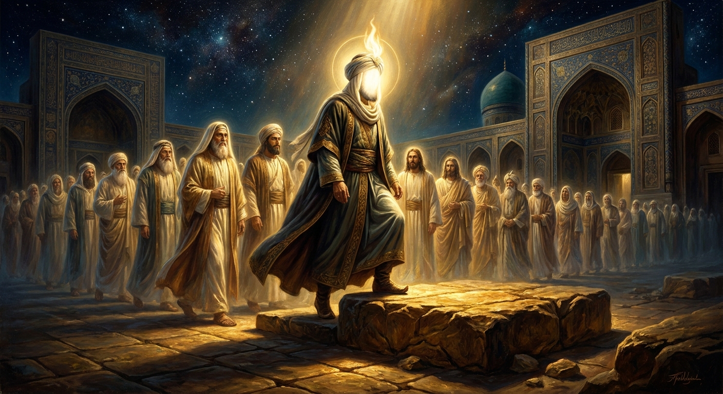 On the Foundation Stone of al-Aqsa, Muhammad steps forward as imam and the translucent ranks of Adam, Abraham, Moses and Jesus line up behind him in prayer.