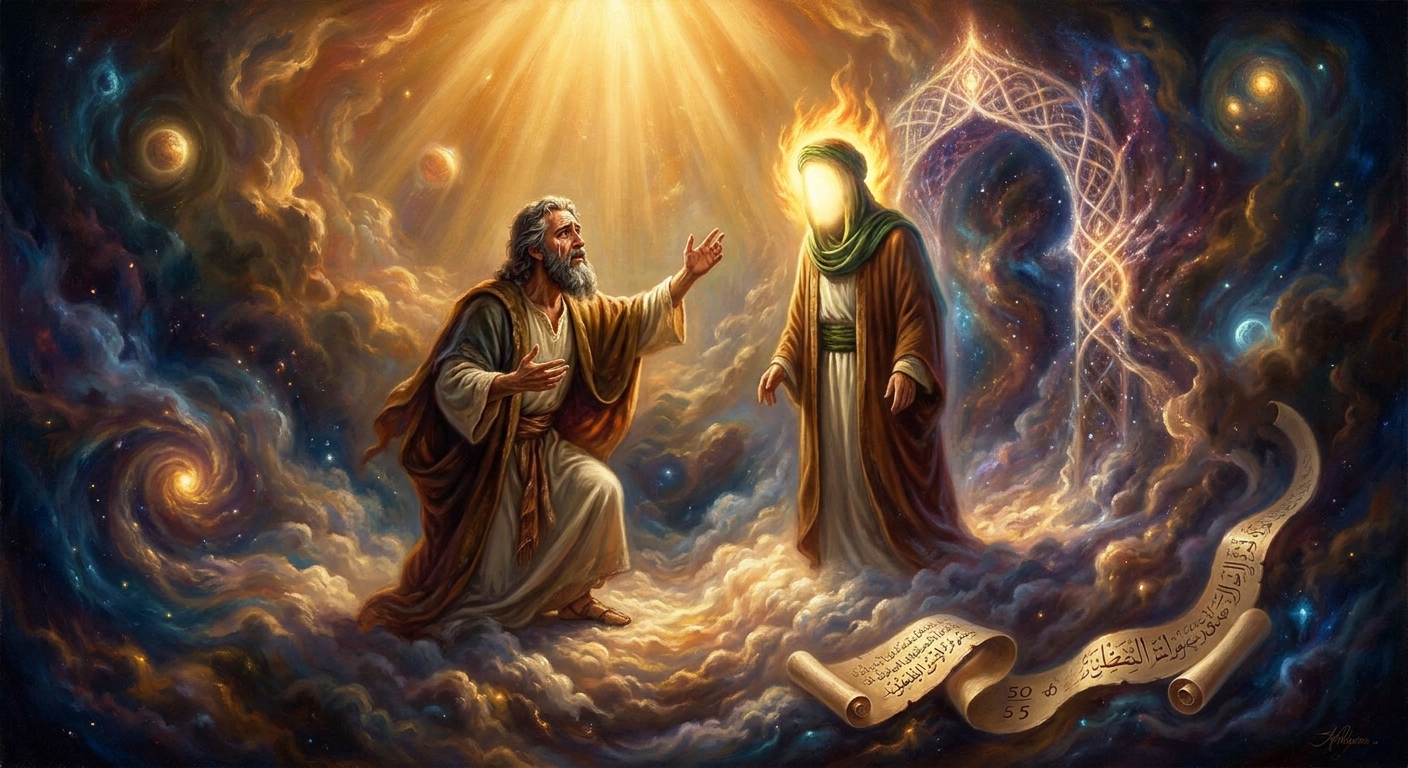 At the threshold of the seventh heaven, Moses with tear-streaked face urges the Prophet up the ladder once more, bargaining the daily prayers down from fifty toward five.