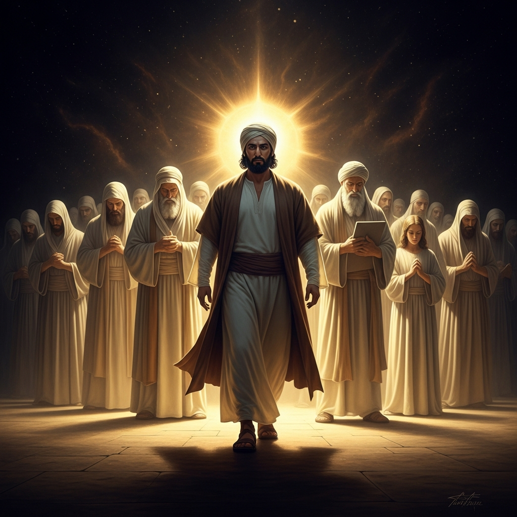 On the Foundation Stone of al-Aqsa, Muhammad steps forward as imam and the translucent ranks of Adam, Abraham, Moses, and Jesus align behind him in prayer — the gathering of all revelation before the final ascent.