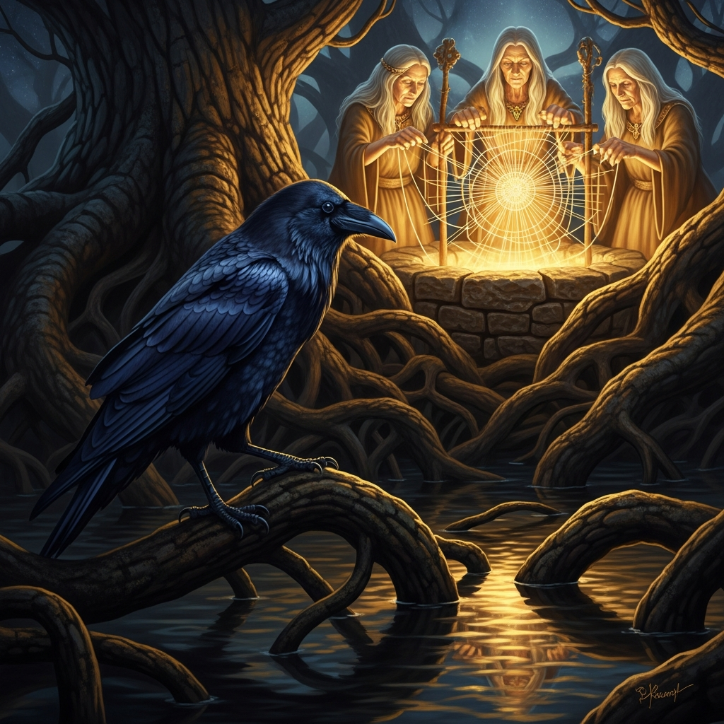 Muninn at the roots of Yggdrasil, at the Well of Urð. The Norns are weaving. He watches them the way Memory watches everything: without judgment, without forgetting, without looking away.