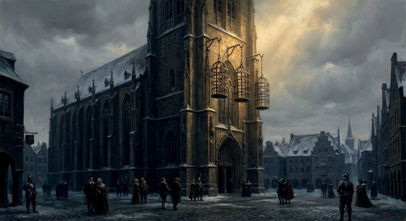 January 1536. After torture in the marketplace, the bodies of Jan van Leiden, Knipperdolling, and Krechting are placed in three iron cages and hoisted to the tower of St. Lambert's church. The cages remain there to this day, still visible from the Münster Hauptmarkt — empty now, but the bones were left inside for fifty years as a warning to passersby.