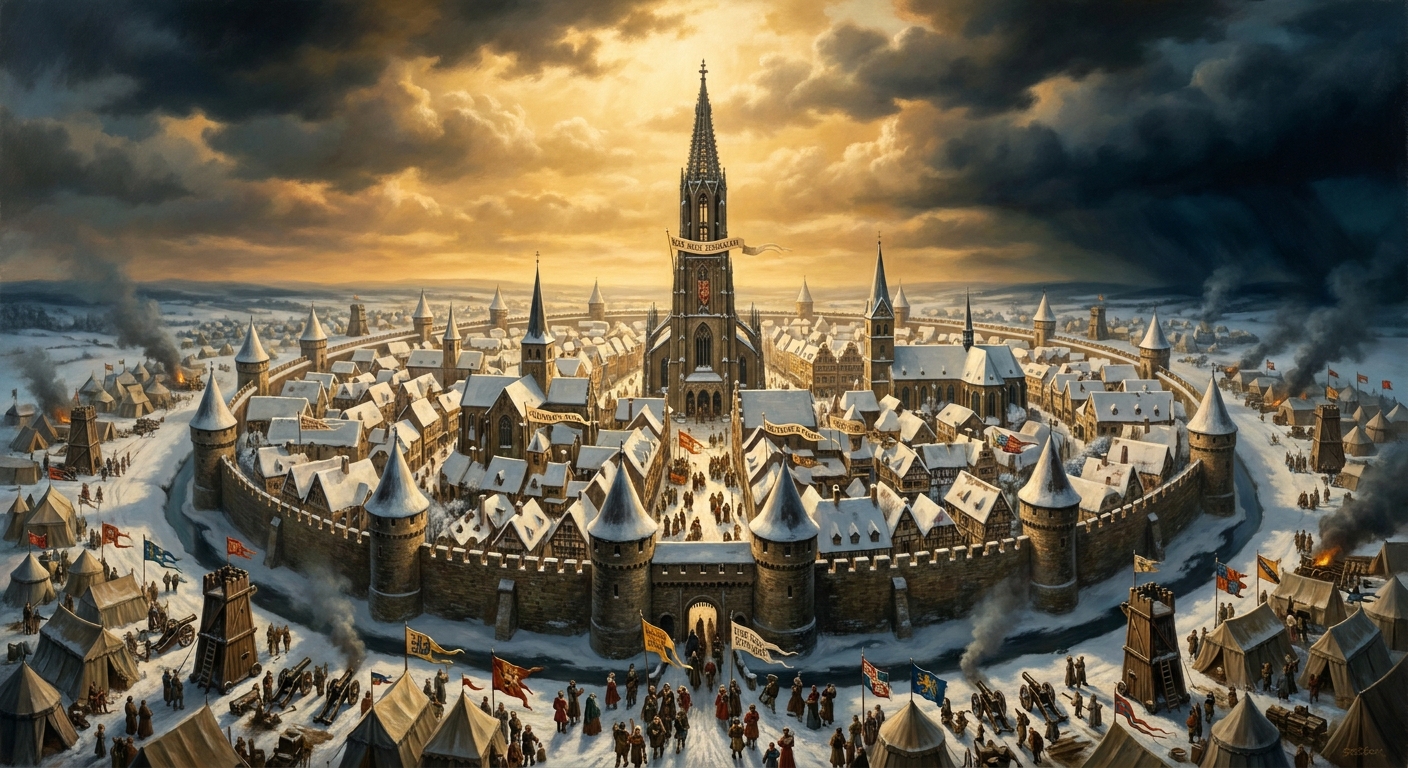 February 1534. Anabaptists pour into Münster from the Netherlands and Westphalia, summoned by preachers who declare it the New Jerusalem. Bernhard Rothmann from the pulpit of St. Lambert's: rebaptism, communal property, the imminent return of Christ. The Catholic bishop's troops withdraw to the countryside and begin building siege works.