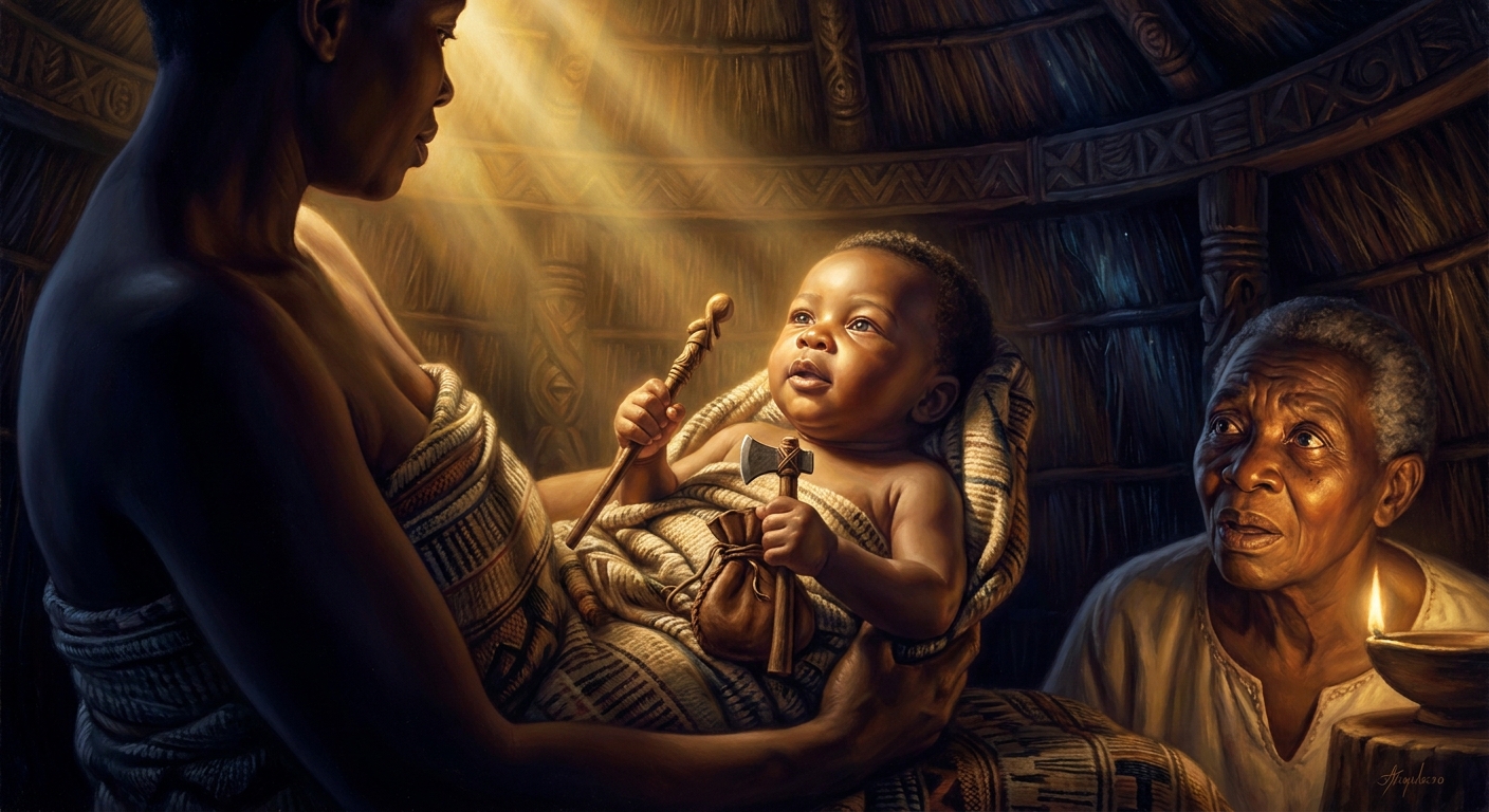 The birth-hut at Tubondo. The infant Mwindo arrives already holding the conga-scepter, the small axe, and the leather bag. He looks up from the floor and announces his own name.
