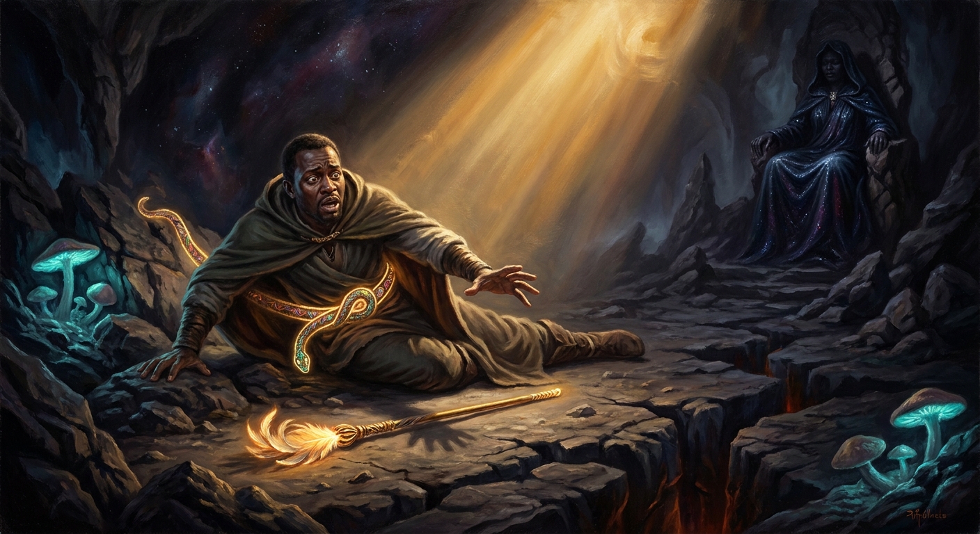 Pinned to the floor of the underworld by Muisa's *karemba* belt, Mwindo calls his conga-scepter back to his hand across the stone. The first time the hero has been afraid.