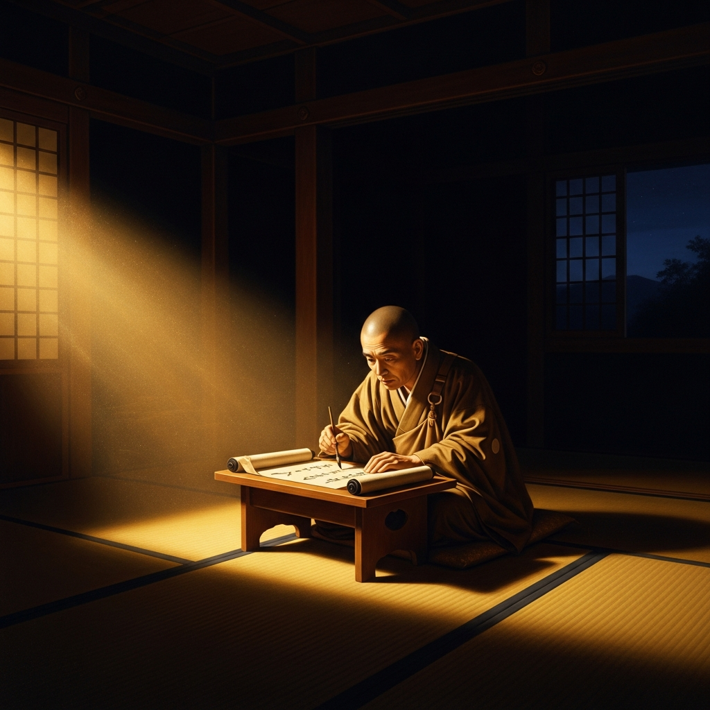 Kōzan-ji, before dawn. Myōe wakes and writes the dream before the light changes, before the waking mind adjusts what the dreaming mind saw.