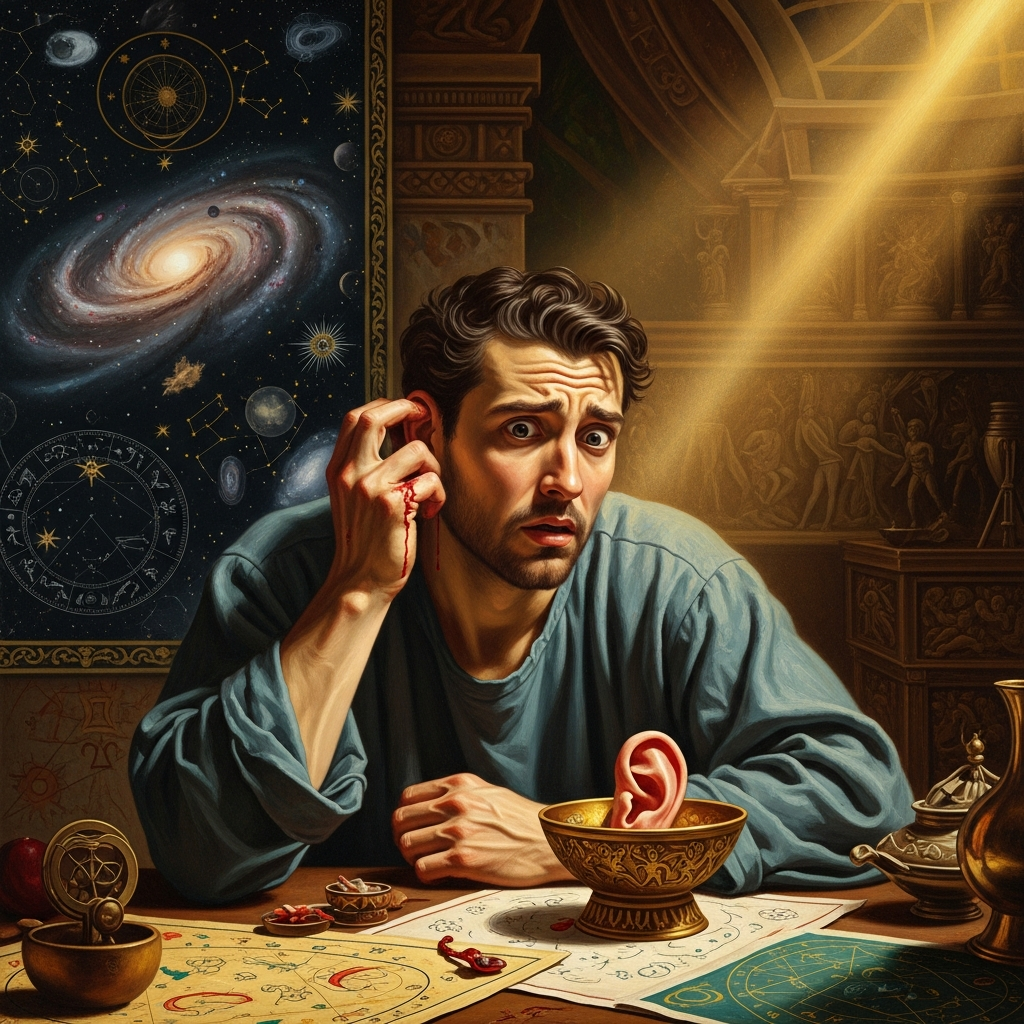 The morning after. He finds his ear gone. The offering was made in both worlds simultaneously, or in the one world that encompasses both.
