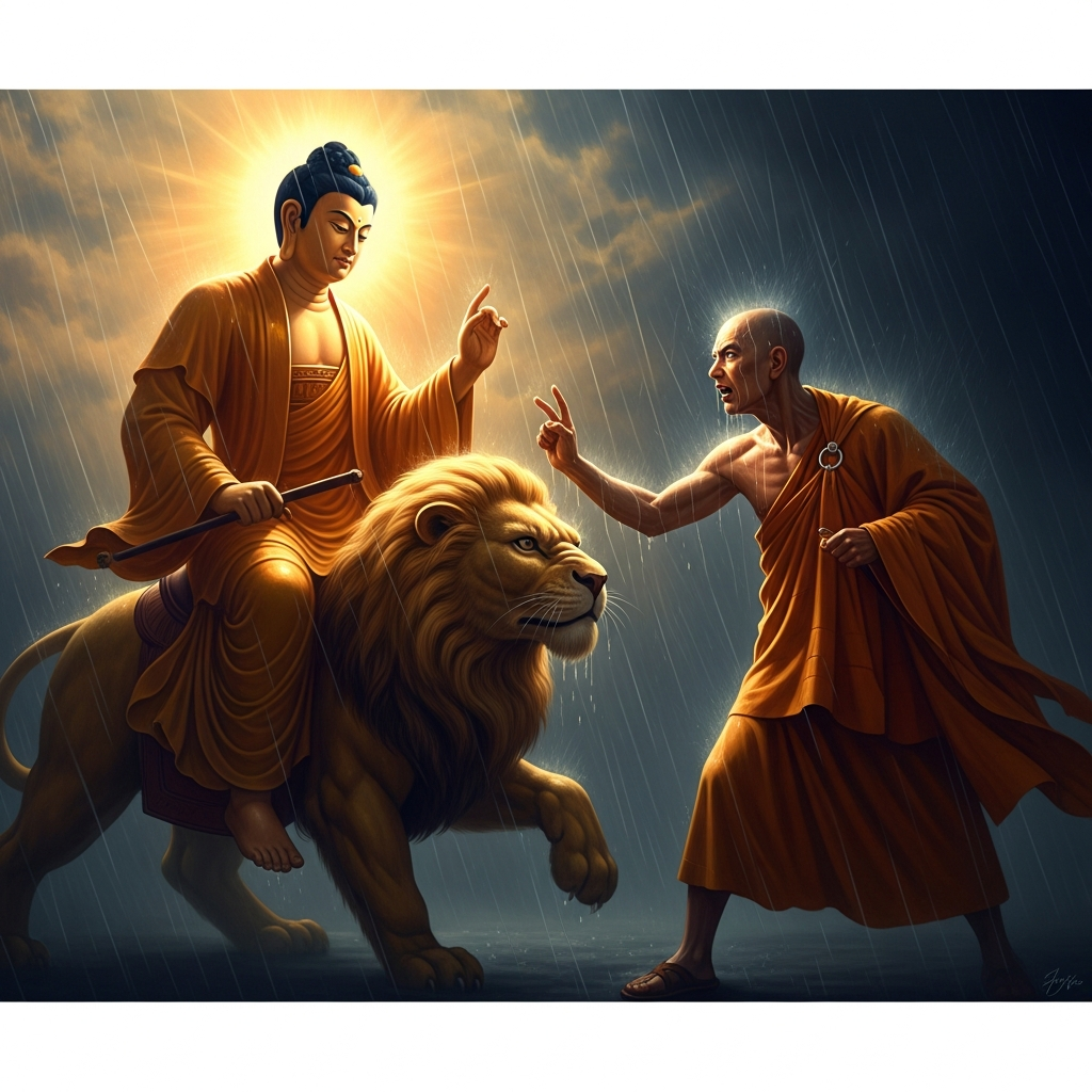 In the dream: the Bodhisattva Monju appears in the rain and disputes the nature of emptiness. Myōe pushes back. Monju does not yield.