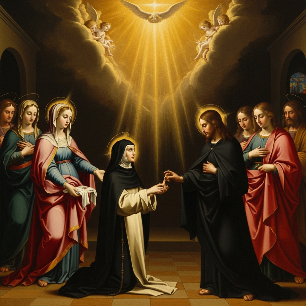 The mystical marriage — Christ taking her hand, the Virgin presenting her, the ring of flesh placed on her finger