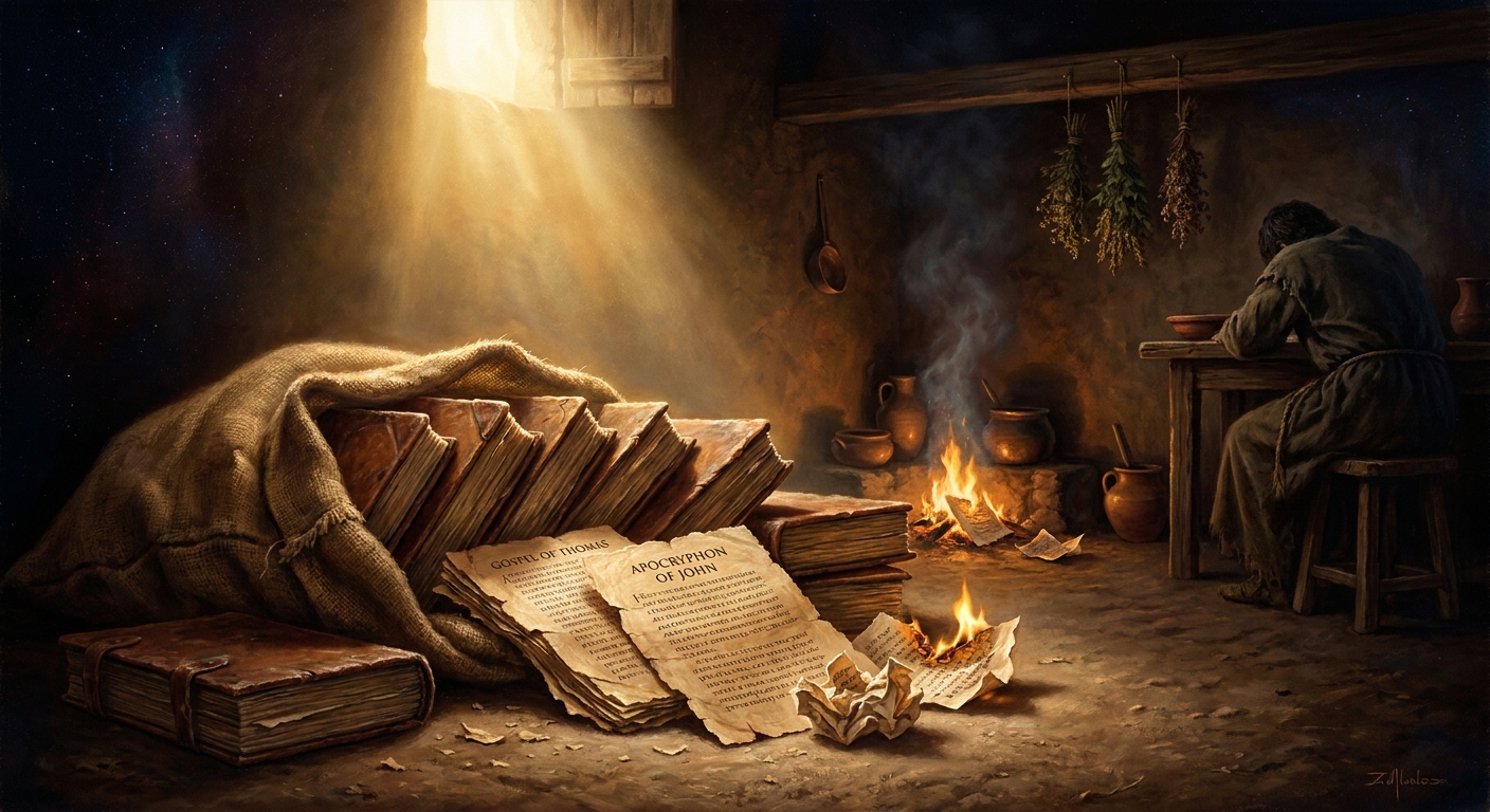 Thirteen leather-bound codices, fifty-two texts — the Gospel of Thomas, the Gospel of Philip, the Apocryphon of John — spill onto the kitchen floor in al-Qasr.