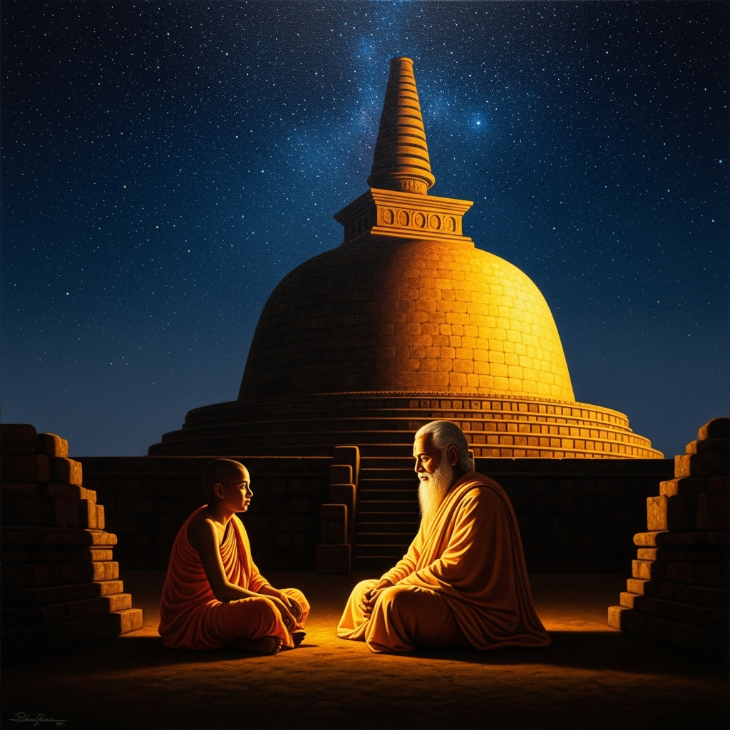 The great stupa at Amaravati under the southern stars. Aryadeva listens at the master's feet. The dharma is being transmitted as logic, not as ritual.