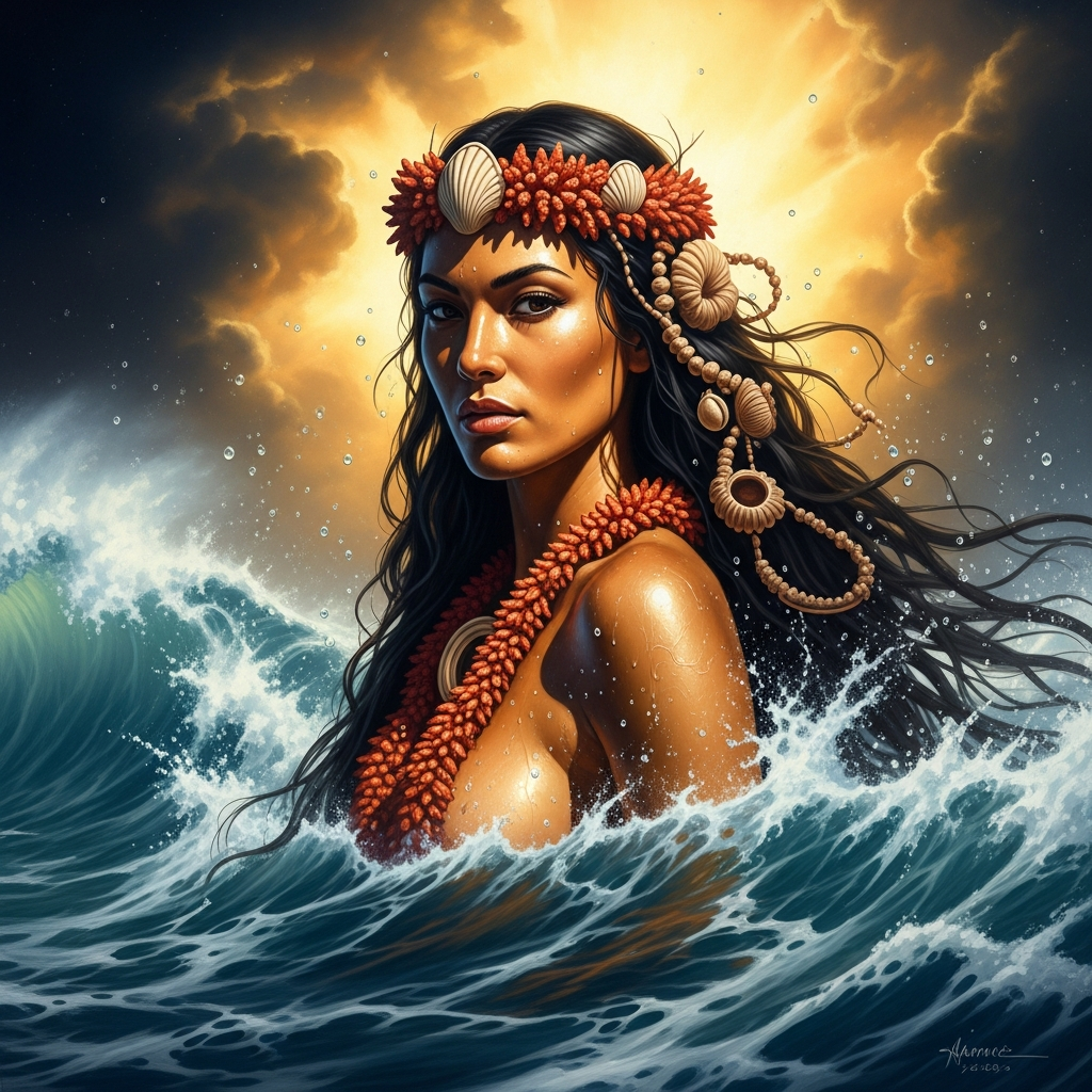 Namaka's arms opening wide over a half-formed volcano on Maui — the sea pouring in from every direction, the crater hissing as fire meets water, the island sinking back toward the surface of the ocean.