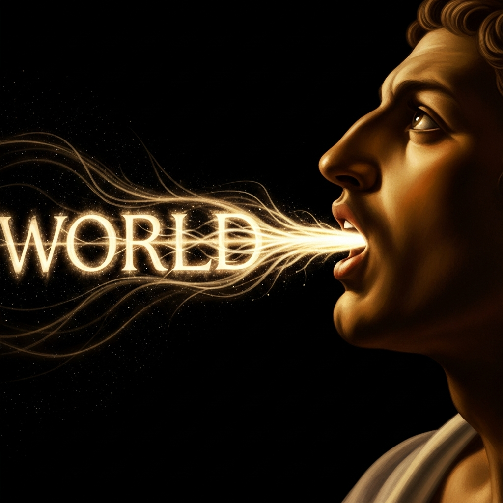 Ñamandú in the moment of creating divine speech — his mouth open, the first word visible as luminous substance flowing outward into the dark void, the word taking shape as both sound and light, the beginning of the world as a spoken act of the sacred heart.