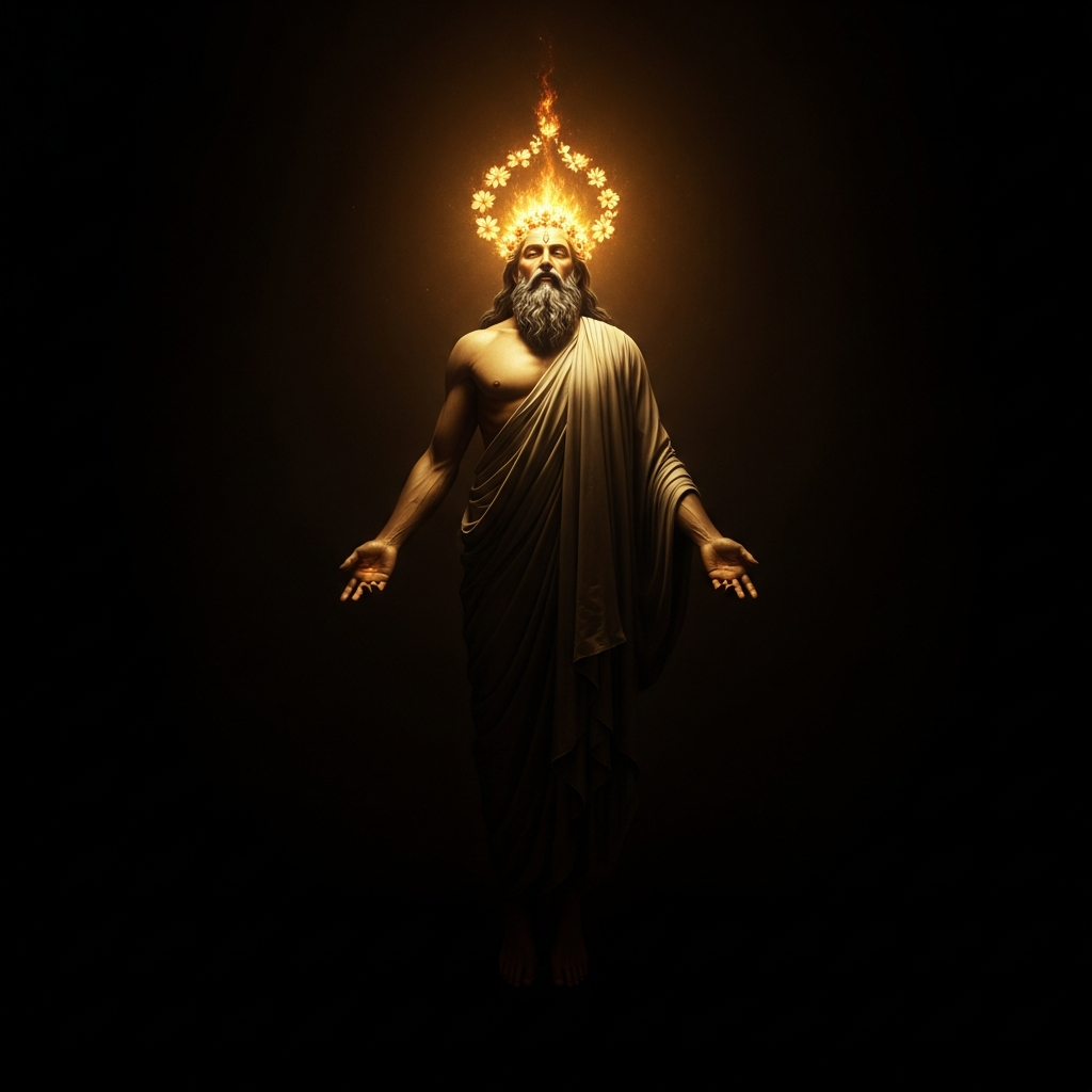 Ñamandú the First Father alone in absolute void — no earth, no sky, no light except what emanates from him, a figure of immense luminous presence floating in total darkness, flowers of divine fire blooming from the crown of his head, creating the first light from his own being before anything else exists.