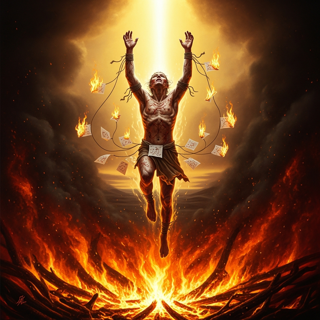 Nanahuatzin, scabbed and unbeautiful, his paper pennants already burning at the edges, leaping without a pause into the heart of the fire. His body becomes light. The horizon begins to glow.