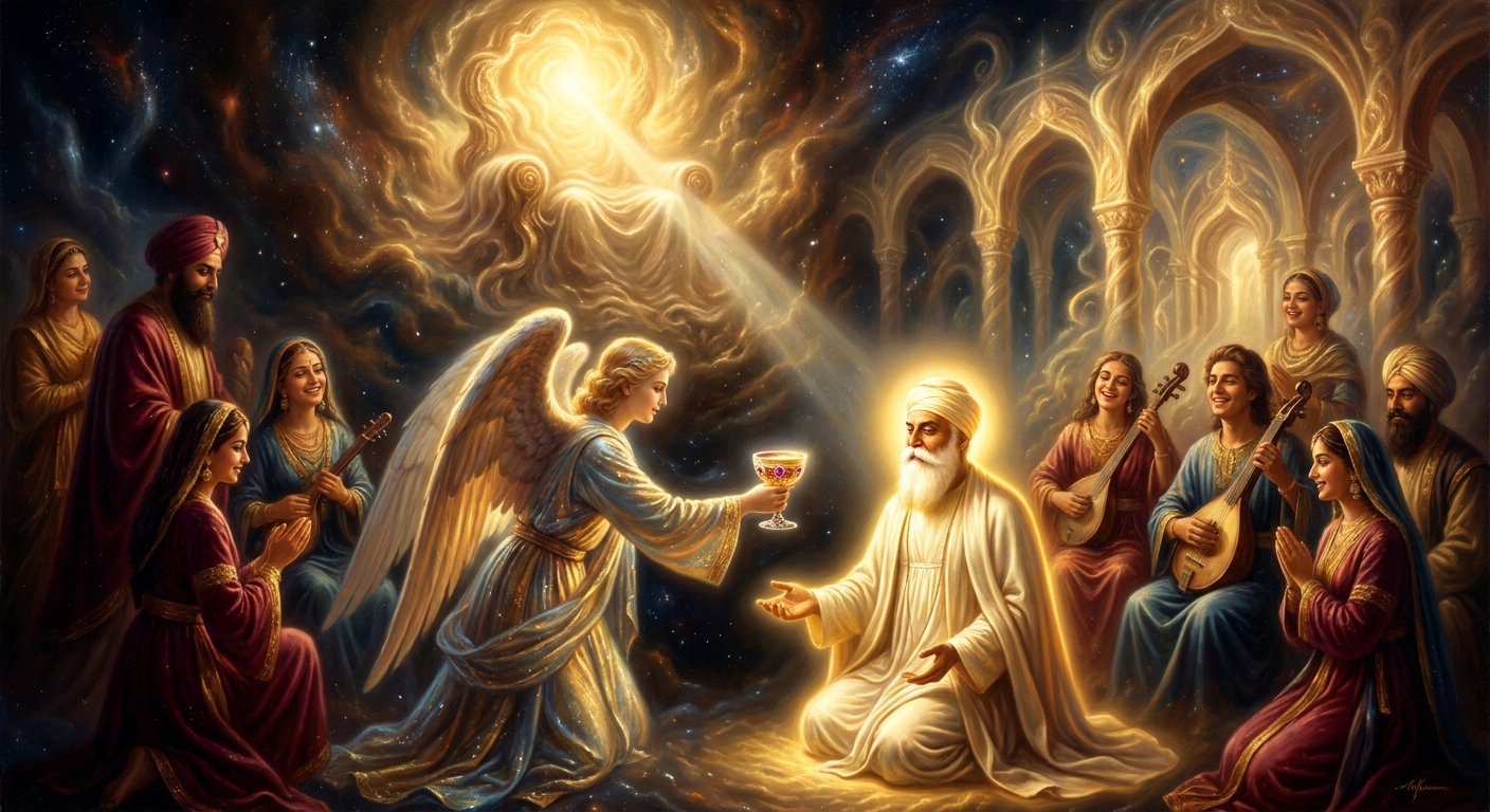 Beneath the surface — or above it; the *janamsakhis* are unclear — he is brought into the court of *Akal Purakh*, handed a cup of nectar, and given the commission: *Go, repeat my Name.*