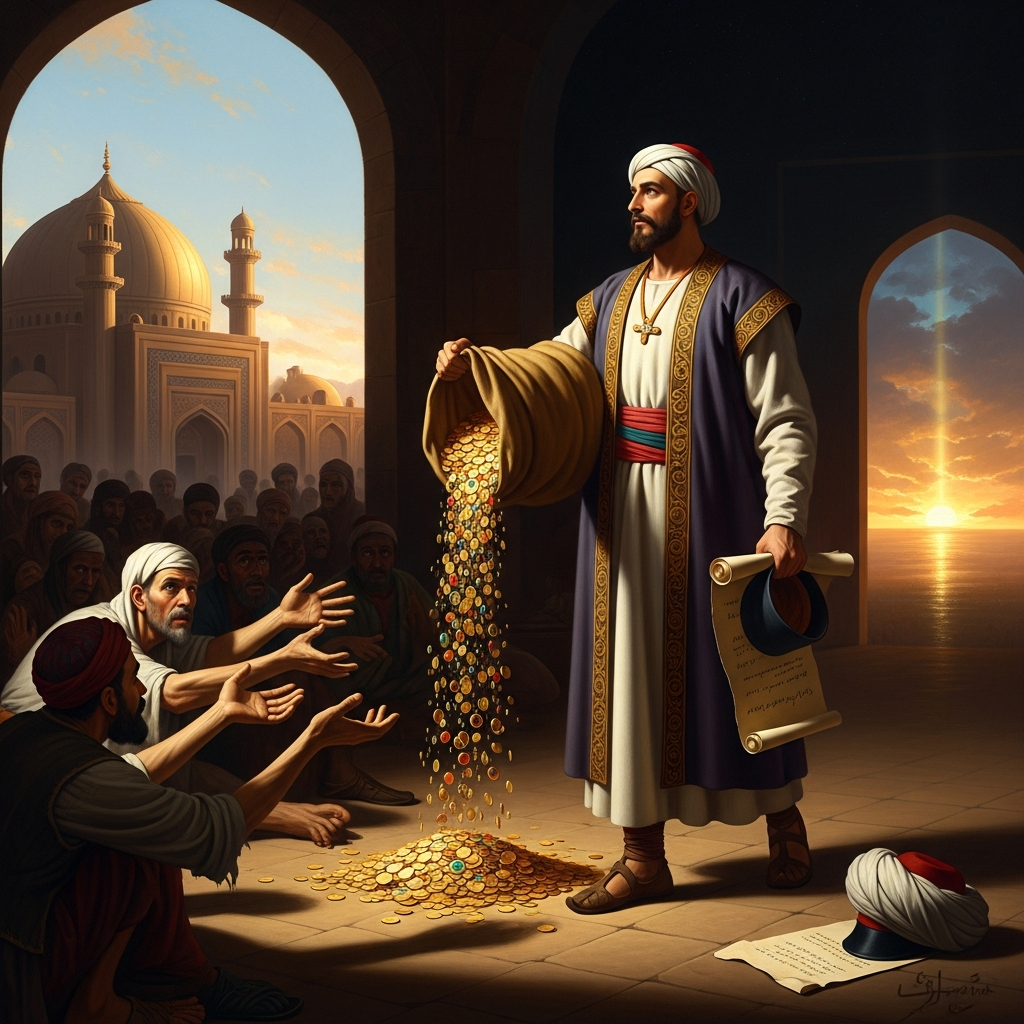 He empties his savings into the hands of the poor, resigns from the Sultan's granary, and begins walking east — the first step of 28 years and thousands of miles.
