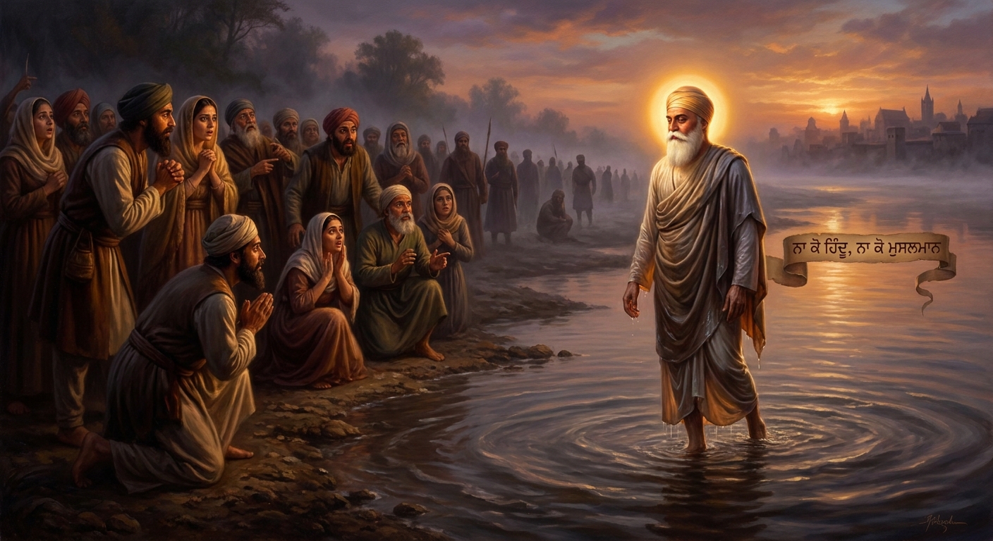 On the third day he climbs the bank in soaked white cloth and speaks his first sentence as Guru: *Na koi Hindu, na koi Musalman.* No Hindu. No Muslim.