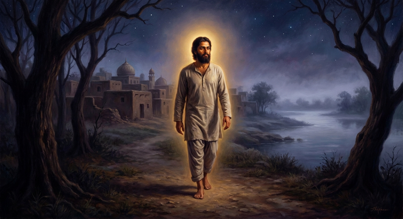 Before dawn, Sultanpur. Nanak leaves the granary accounts on his desk, takes a brass *lota* from his belt, and walks to the Bein for the morning bath he has taken every day for years.