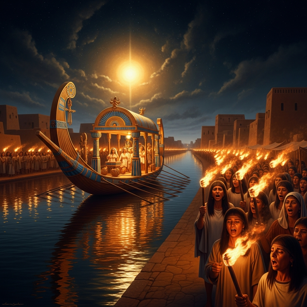 The moon god's sacred barge moves through the canal system at night, the whole city of Ur processing along the bank with torches and lament songs.