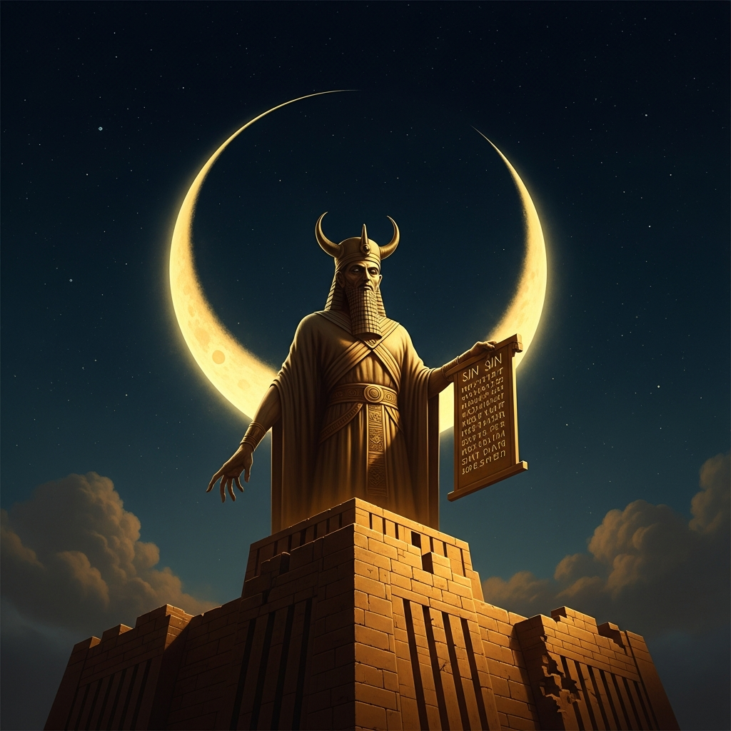 The new moon rises over Ur three days after disappearance — the god returning from the underworld, thin as a sickle, carrying the fate of the next thirty days.