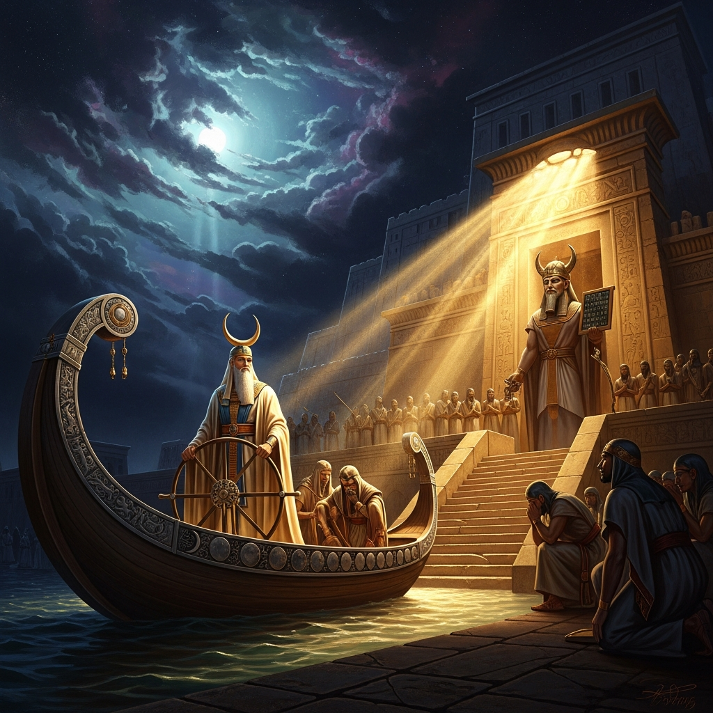 Nanna-Sin's boat arrives at Nippur's sacred quay, where Enlil waits in the great temple to deliver the decrees of the coming month.