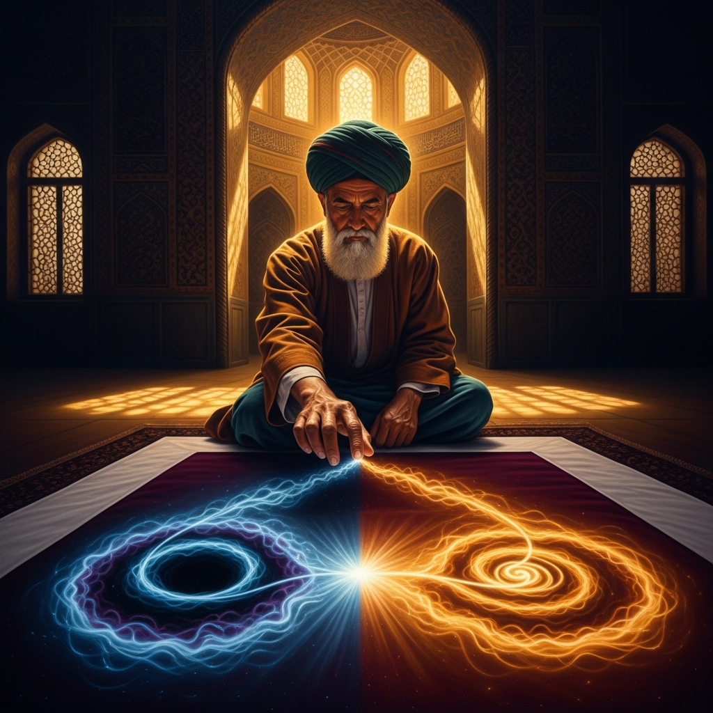 On a teaching cloth spread in the madrasa, the master traces the path of the breath through the body — the inhalation as negation, the exhalation as affirmation, the pause between as the moment of presence.